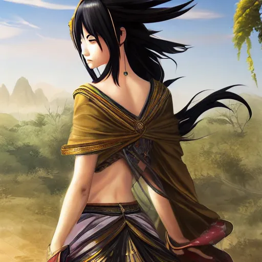 Image similar to ancient asian dynasty princess, three kingdom, dynasty warriors, standing in an oasis in the desert, anime movie, beautiful, elegant, headshot, long black hair, digital painting, smooth, concept art, art by makoto shinkai, wlop, livia prima, artgerm, greg rutkowski