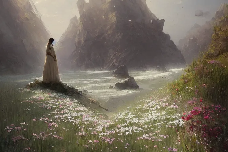 Prompt: a beautiful painting of the sea of flower, two people, by greg rutkowski, trending on artstation