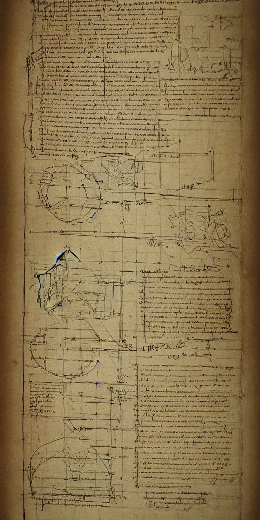 Prompt: code for AGI, analytic sketch blueprint by Leonardo da Vinci, detailed, damage paper