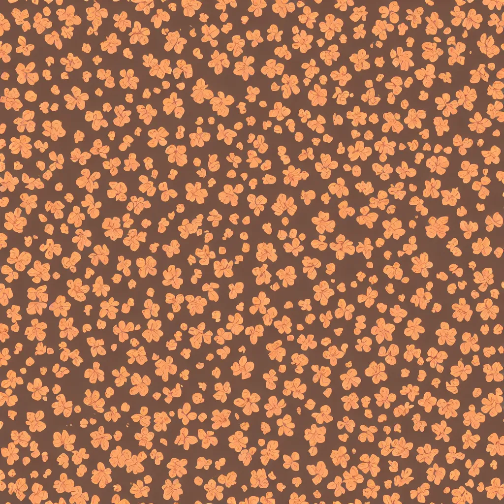 Image similar to repeating fabric pattern, minimalistic, miniature tiny orange and peach color flowers, brown vines and leaves