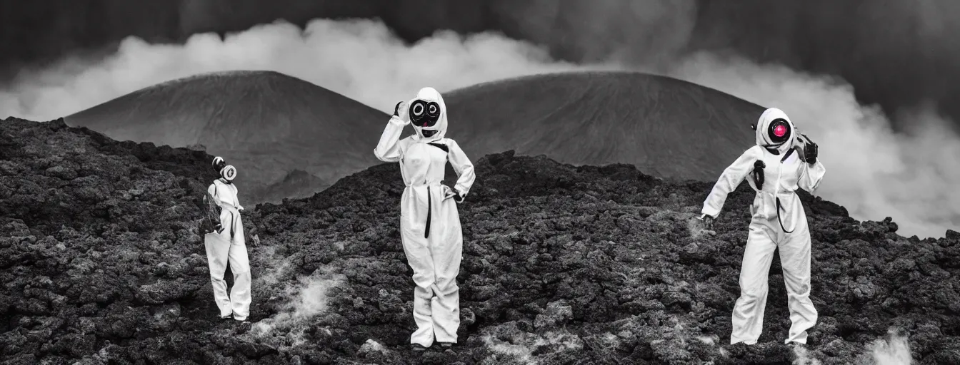 Image similar to woman with white suit, she wear red eyed gasmask, in volcano, standing close to volcano, fire raining, professional photography, black and white, cinematic, eerie