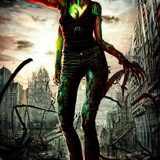 Image similar to angry zombie portrait of milla jovovich, a urban city background, grimdark horror, stylized digital illustration, radiating a glowing aura, global illumination, ray tracing, hdr, fanart arstation by ian pesty and katarzyna bek - chmiel