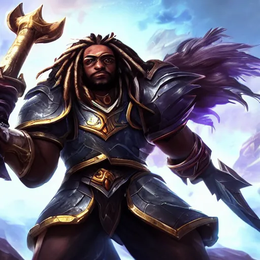 Prompt: a black man with dreadlocks wearing armor, he is holding two large guns, league of legends, 4k