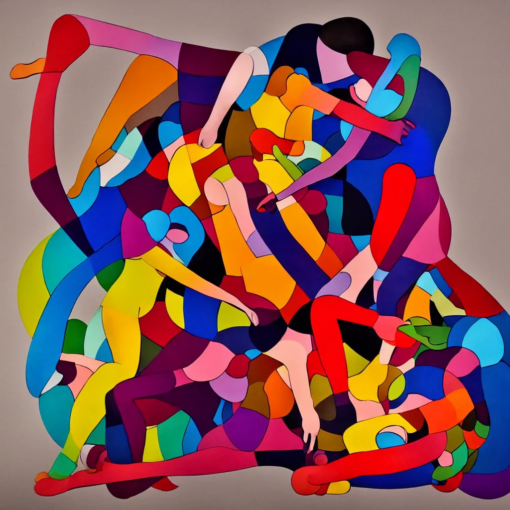 Image similar to kinetic sculpture of the two humans bodies collapsing each other, colorful, contemporary art, masterpiece, peaceful, romantic, geometric, symetrical, symetrical composition, in the style of Lori Earley and Antoine Blanchard