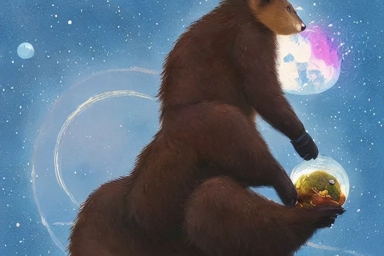Image similar to giant pine marten in space holding a planet, digital art, trending on artstation, highly detailed, by Greg Rutkowski, by Conrad Roset, by Dan Mumford