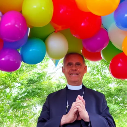 Image similar to a priest holding dozens of colorful balloons