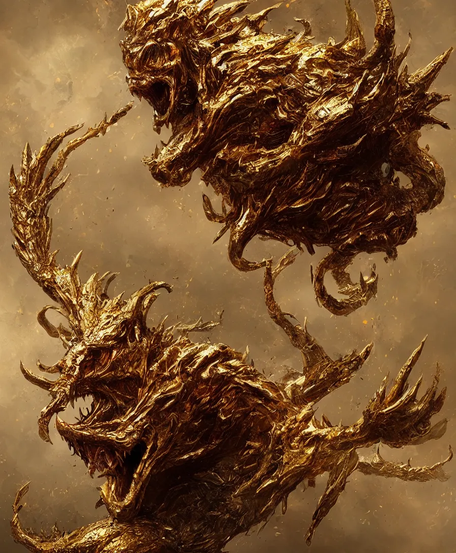 Prompt: hyper realistic gold gutter devil monster messy, art by greg rutkowski, intricate, ultra detailed, photorealistic, vibrante colors, trending on artstation, octane render, 4 k, 8 k