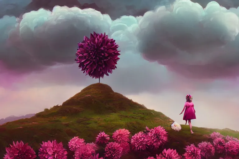 Prompt: giant dahlia flower crown head, girl walking on a mountain, surreal photography, pink storm clouds, dramatic light, impressionist painting, digital painting, artstation, simon stalenhag
