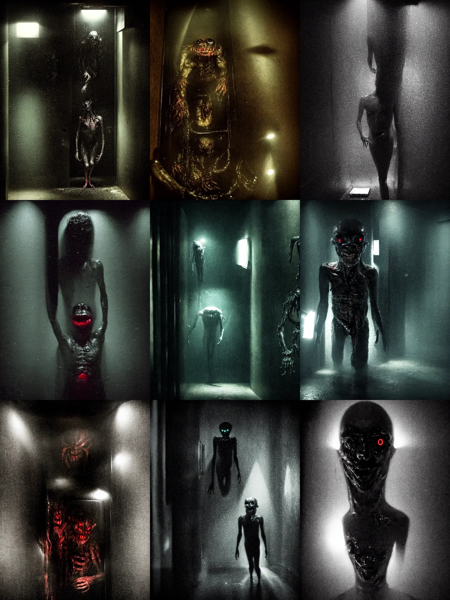 Prompt: in the dark elevator, one wet skin creature with glowing eyes, stage light, crawling humanoid monsters, smile face, octane rendering, cinematic light. medium shot, 2 4 mm, david fincher, james wan, gritty, moody, eerie, dark artslabcoats, sci - fi equipment, saliva, membrane pregnancy sac, respiratory flap, super realism, claws