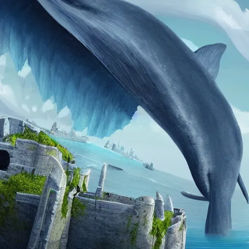 Prompt: A giant flying blue whale that has a city of ruins on it's back, fantasy art, cg artist