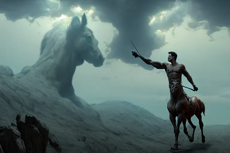 Image similar to a cinematic shot of a centaur centaur centaur, chimera, tom cruise torso, majestic matte painting, by Beeple, Gustave Dore, Artstation, CGsociety, Tom Cruise, masterpiece