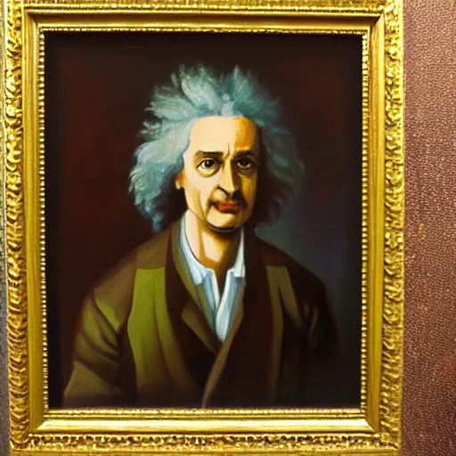 Image similar to oil painting portrait of the lovechild of Isaac Newton and Albert Einstein