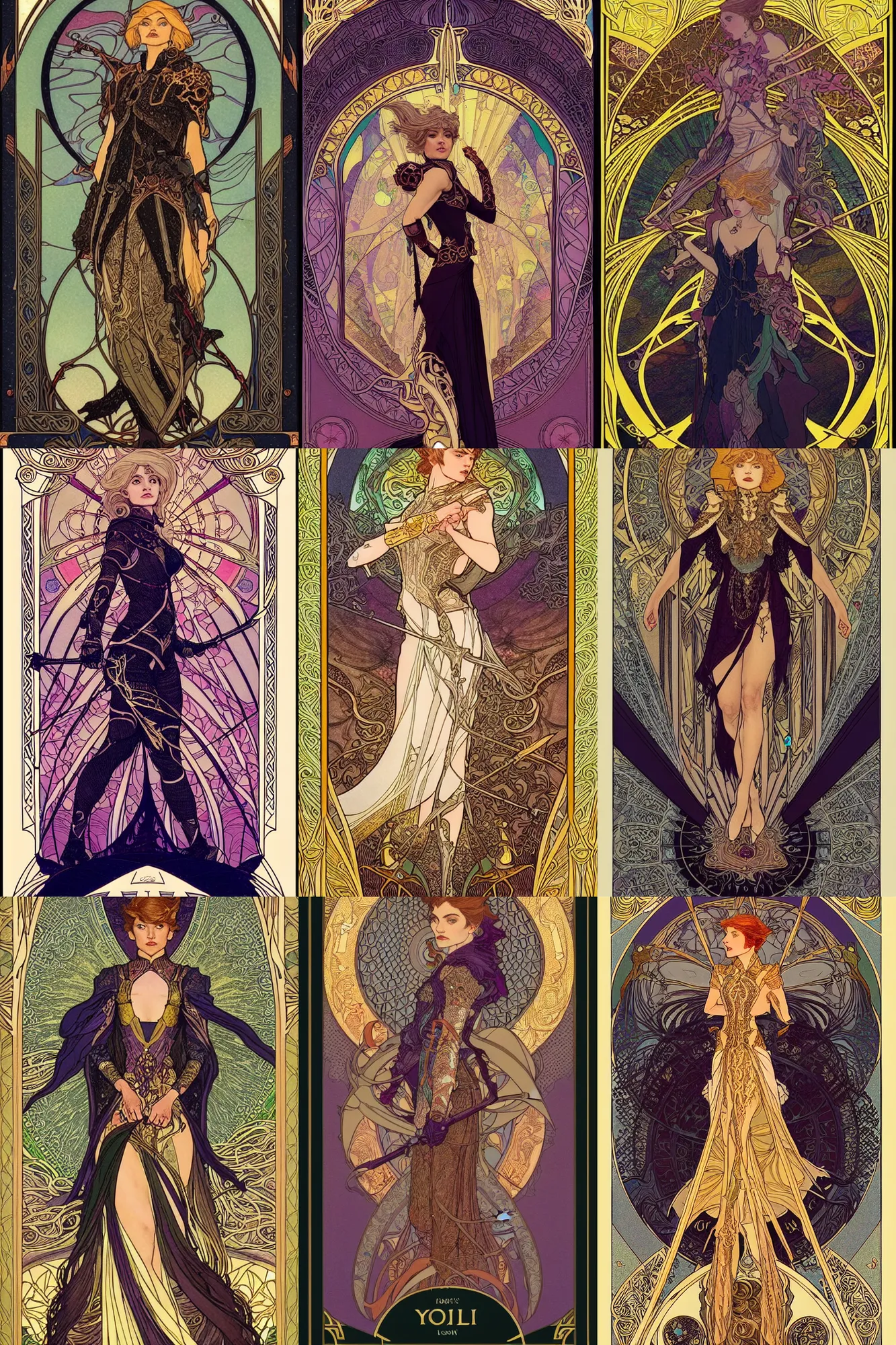 Prompt: full - body tarot artwork, imogen poots paladin, by yoann lossel, jakub rebelka. art nouveau neo - gothic tarot card by mucha. dota. swirly intricate linework background. gaudy colors, sharp edges. ultra clear detailed. 8 k. elegant. octane render