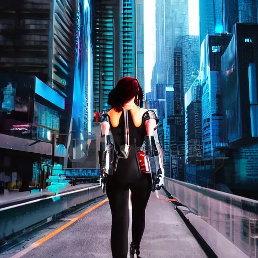 Image similar to portrait of a female cyborg walking down a futuristic cyberpunk street with tall buildings on both sides