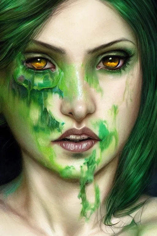 Image similar to closeup portrait shot of green hair tattooed pinup hannah murray, rogue bard, dnd, highly detailed, digital painting, artstation, concept art, soft focus, depth of field, artgerm, tomasz alen kopera, peter mohrbacher, donato giancola, wlop, boris vallejo