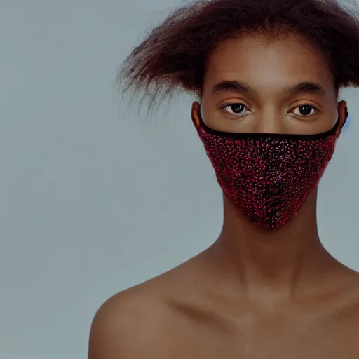 Image similar to realistic photoshooting for a new balenciaga lookbook, color film photography, portrait of a beautiful woman, model is wearing a balaclava mask, in style of tyler mitchell, 3 5 mm,