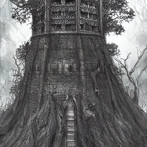 Image similar to an archaic tower looming over a grove of ancient trees, in the style of ayami kojima and kentaro miura, realistic digital painting, medieval fantasy, very detailed