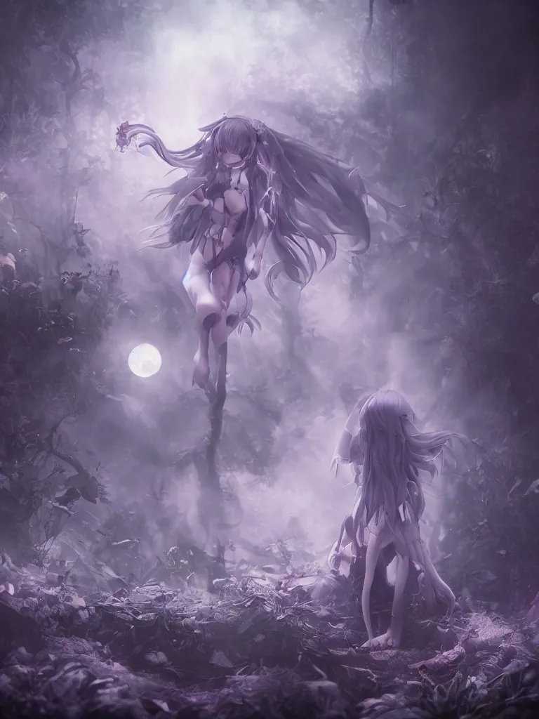 Image similar to cute fumo plush of a frail cursed witch girl wandering the depths of the forbidden jungle, gothic wraith maiden, wispy smoke and volumetric fog, beyond the mirror, filmic, symmetric beauty, moonlight midnight glow, vignette, vray