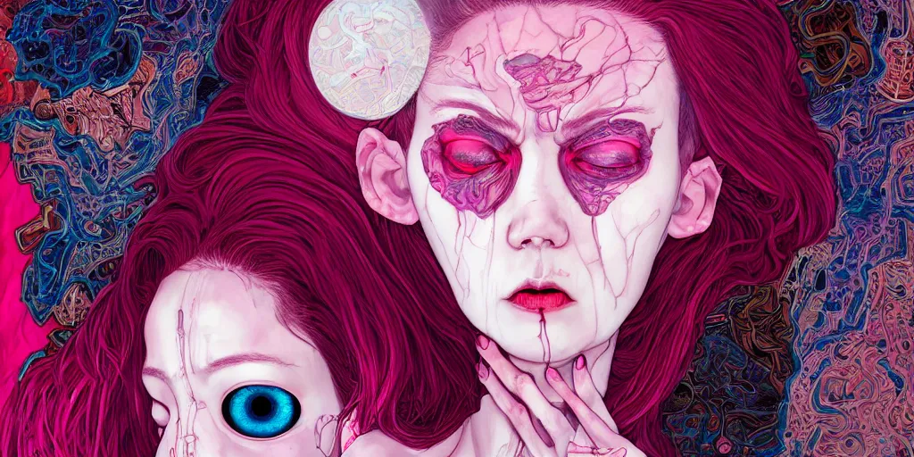 Prompt: full view portrait of a pale cyborg woman crying, in the style of jin kagetsu and james jean, background by beatriz milhazes, highly detailed, big glowing eyes, pink hair, red lipstick, face symmetry, masterpiece, sharp focus, realistic intricate concept art, dramatic lighting, 8 k