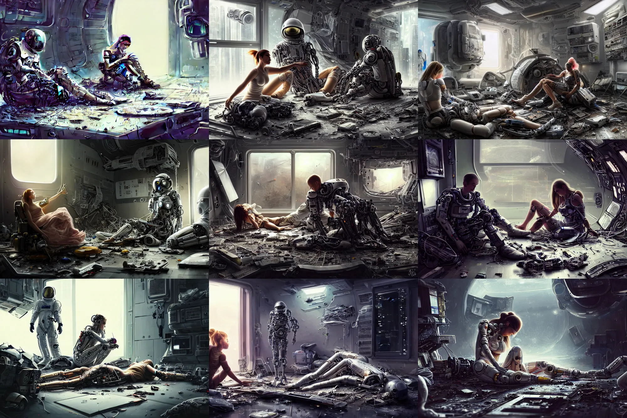 Prompt: Ultra realistic illustration, beautiful alluring damaged cyborg being put back together, sitting on the floor of a crashed military spaceship in an super advanced military medical bay, while a beautiful alluring astronaut soldier looks on, cyberpunk, sci-fi, fantasy, intricate, elegant, highly detailed, digital painting, artstation, concept art, smooth, sharp focus, illustration, art by Yintion J - Jiang Geping and artgerm and KyuYong Eom