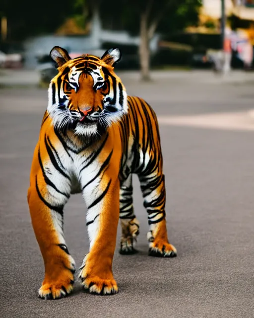 Image similar to high quality presentation photo of a tiger dressed in a suit, photography 4k, f1.8 anamorphic, bokeh, 4k, 85mm lens