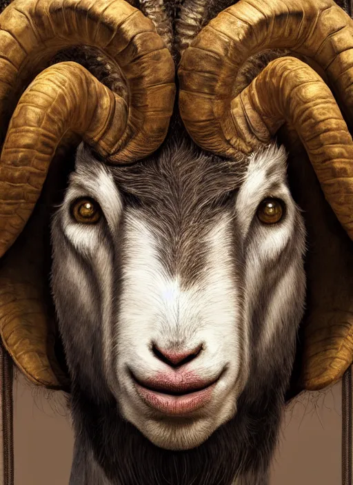 Image similar to anthropomorphic portrait of half goat will smith, au naturel, hyper detailed, digital art, trending in artstation, cinematic lighting, studio quality, smooth render, unreal engine 5 rendered, octane rendered, art style by klimt and nixeu and ian sprigger and wlop and krenz cushart