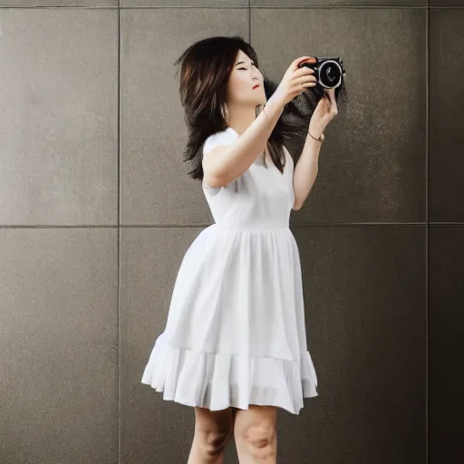 Prompt: a woman taking a picture of herself in a white dress, a picture by lu ji, trending on cg society, rococo, white background, feminine, full body