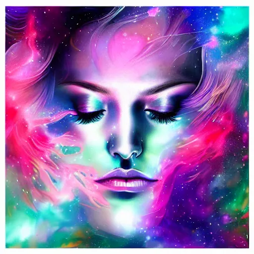 Prompt: a galaxy pink purple and blue colored psychedelic ethereal portrait of kim petras with her eyes closed transcending to a higher plane of existence, eternal blessing, multiverse, by android jones, by ben ridgeway, visionary art, by artgerm, featured on artstation, cgsociety, by greg rutkowski