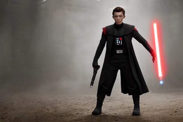 Image similar to tom holland as a sith in a new star wars film, 3 5 mm photography, highly detailed, cinematic lighting, standing pose, holding lightsaber 4 k