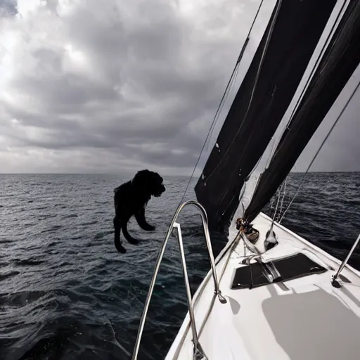 Prompt: black maltese dog on a sailboat, realistic photo, threatening clouds