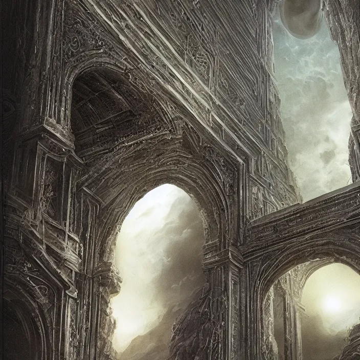 Prompt: gazing through a black archway to the void, black night, intricate high detail matte painting masterpiece