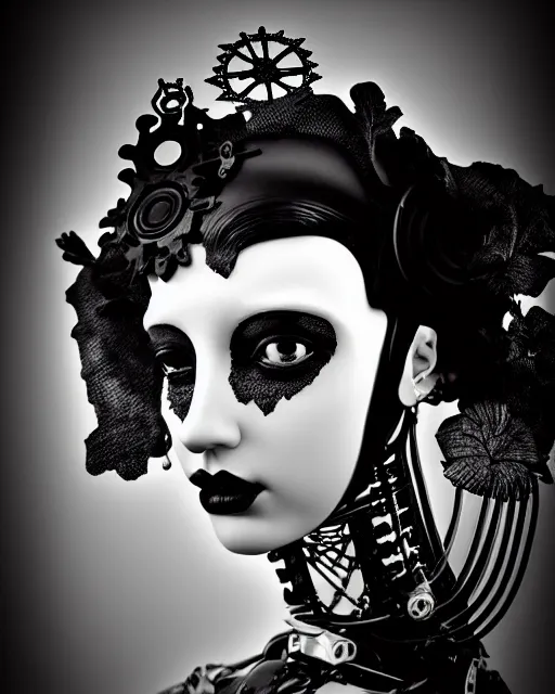 Image similar to black and white dreamy foggy poetic smoky profile face portrait, one silver steampunk realistic eye biomechanical beautiful angelic young female cyclope - cyborg - robot bust, body ribs meshes,, volumetric light, hibiscus flowers, by dora maar, rim light, big gothic fashion pearl embroidered collar, 8 k