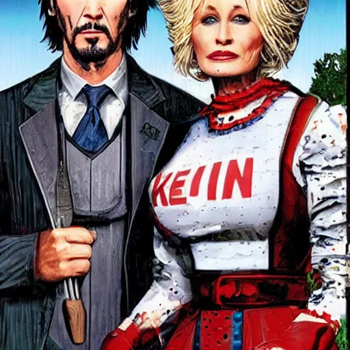 Prompt: American Gothic, with Keanu Reeves and Dolly Parton, by MARVEL comics and Sandra Chevrier, 8k