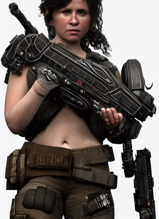 Image similar to Jenette Elise Goldstein from aliens wearing gears of war COG armor, full body portrait, hyper realistic render, artstation, 8k uhd