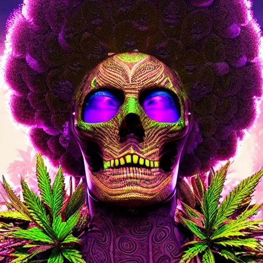 Image similar to a golden skull face african marijuanna shaman with an afro made of flowers, third eye art art by machina infinitum, complexity from simplicity, rendered in octane, mandelbulb 3 d, ambient occlusion, macro photography, felt!!! texture, tribal, neon! retrowave