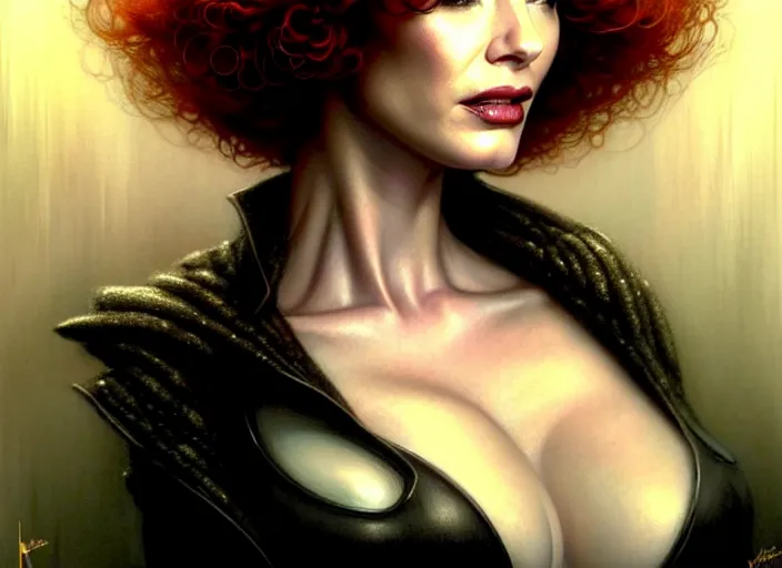 Image similar to portrait shot of christina hendricks in bladerunner wearin a cyberpunk costume, intricate, elegant, highly detailed, centered, digital painting, artstation, concept art, smooth, sharp focus, illustration, artgerm, tomasz alen kopera, peter mohrbacher, donato giancola, joseph christian leyendecker, wlop, boris vallejo