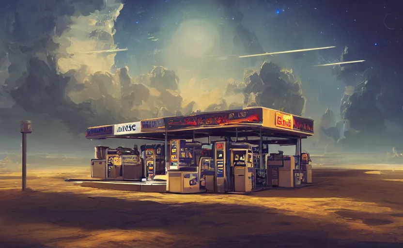 Prompt: gas station in space, 8 k, steampunk, hard edges, zoomed in, very coherent, sharp focus, rim light, exquisite lighting, hard edges, sci - fi, print, cinematic, game art, soft painting, trending on artstation