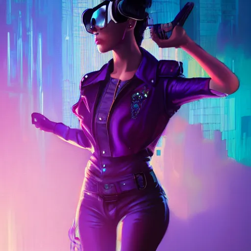 Image similar to very detailed masterpiece closeup painting of a very beautiful young mexican cyberpunk woman with blue shutter shades, one side haircut, dark purple hair, purple leather jacket, cyberpunk background, purple lighting, raining, portrait, artstation, concept art by greg rutkowski