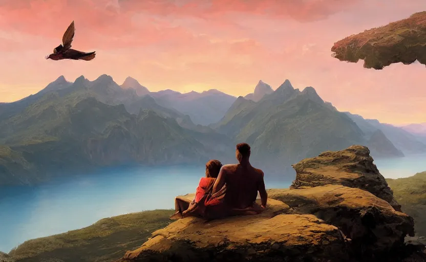 Prompt: A couple sitting on a cliff and watching the beautiful sunset, mountains, river, birds flying, beautiful view, oil on canvas by Frank Frazetta, digital art, WLOP, Mandy Jurgens