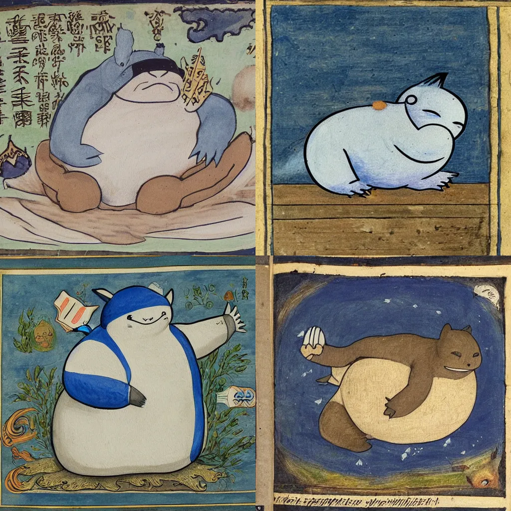 Prompt: a manuscript painting of Snorlax in the style of the Ashmole Bestiary, Very detailed