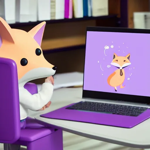 Prompt: Light pink anthropomorphic fox with purple hair typing at a computer on a desk with a coffee cup steaming next to it