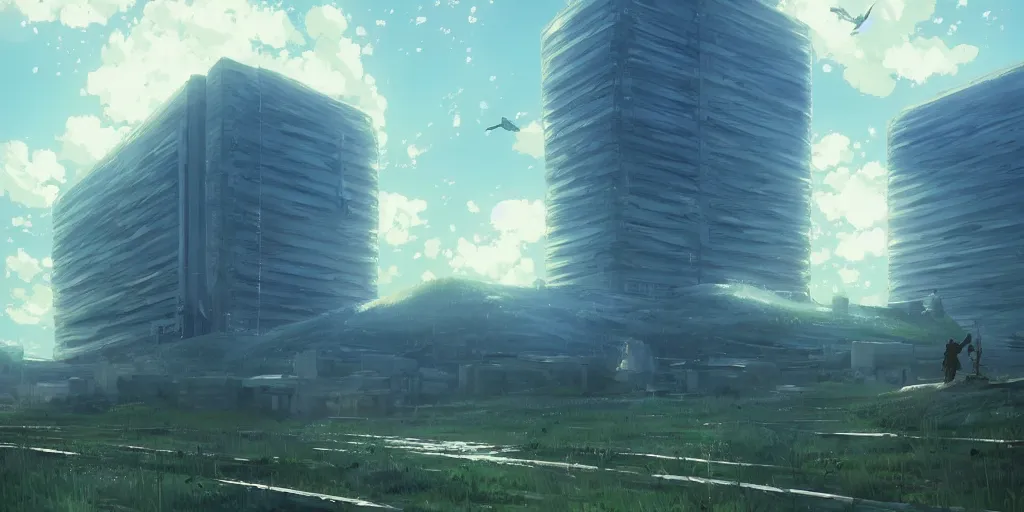 Image similar to realistic building, monster, wide landscape, eva, war, art by makoto shinkai