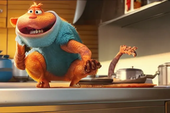 Prompt: “ very very high quality pixar movie screenshot of a tiny human on top of a gigantic rat cooking in the kitchen, rendered in octane 8 k with detailed cinematic lighting and shading, award - winning crisp details ”