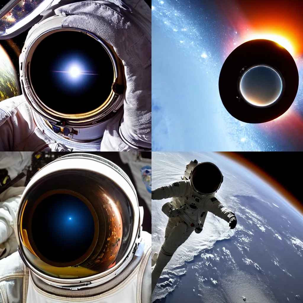 Prompt: a black hole reflected in the visor of an astronaut