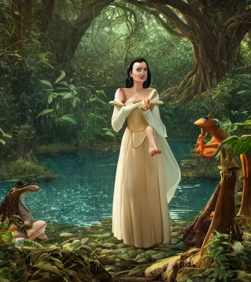 Image similar to film still of Monica Bellucci as snow white in a forest by a pond with frogs, by artgerm, makoto sinkai, magali villeneuve, Gil Elvgren, Earl Moran,Enoch Bolles, symmetrical,