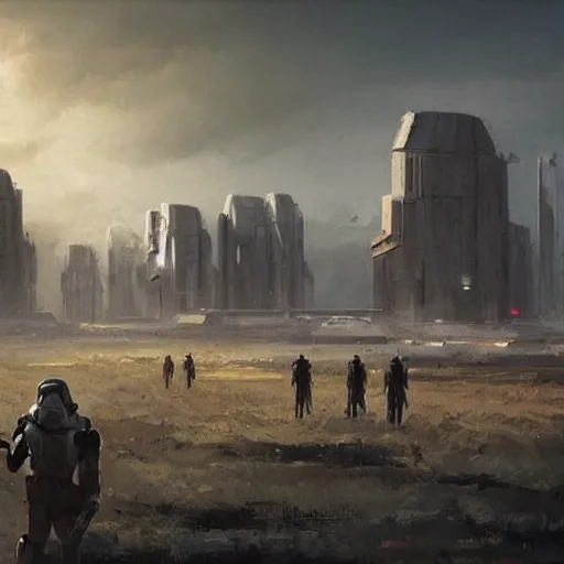 Image similar to star wars concept art by greg rutkowski, brutalist buildings in the middle of a savannah landscape, cinematic sunset lighting, dramatic atmosphere.