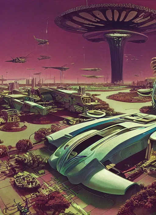 Prompt: photorealistic image of a retro futurism, solarpunk, biopunk, naturecore, by roger dean, by dean ellis