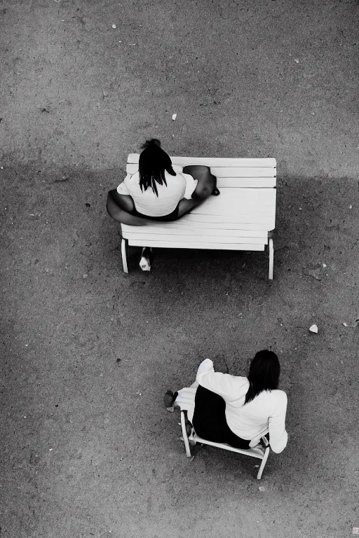 Image similar to A photograph of two benches in a clearing, a woman sitting on one of the benches reading a book, looking down from above,black and white photo.ISO200,F4.5,80mm,1/30,Nikon D3.