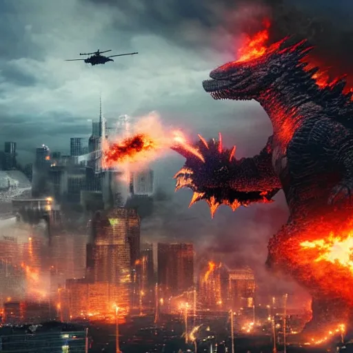 Prompt: photograph of Godzilla destroying a futuristic city, military helicopters in the sky, smoke and destruction, highly detailed, cinematic, photorealistic, 4k, hd, award winning