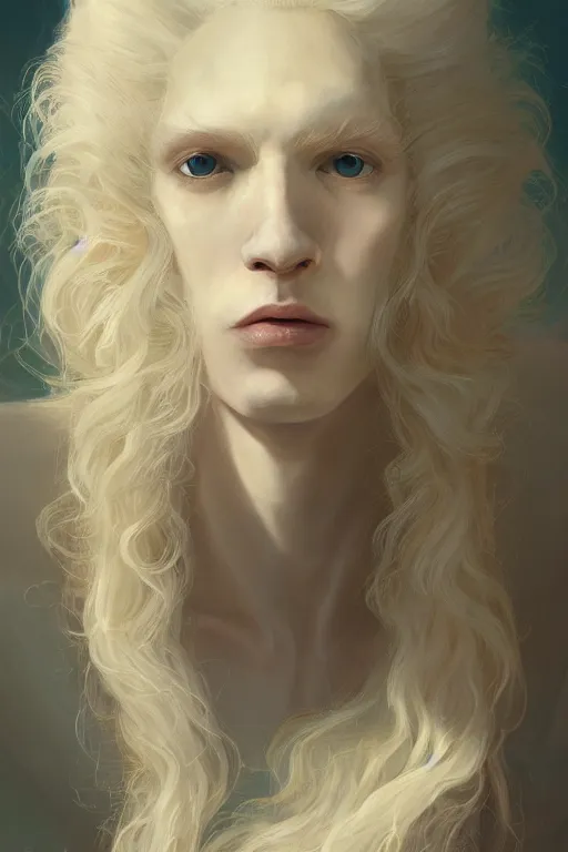 Image similar to prompt portrait of a beautiful androgynous blond man, albino pale white skin and long fluffy curly blond hair, Center parted curtain bangs, close up view, head and upper body, looking upward, fullface, light from above, by Peter Mohrbacher, trending on artstation, 8k